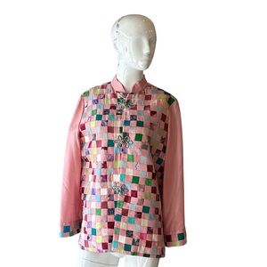 Vintage Pink Colorful Silk Kanthra Patchwork Mandarin Collar Jacket Size Medium